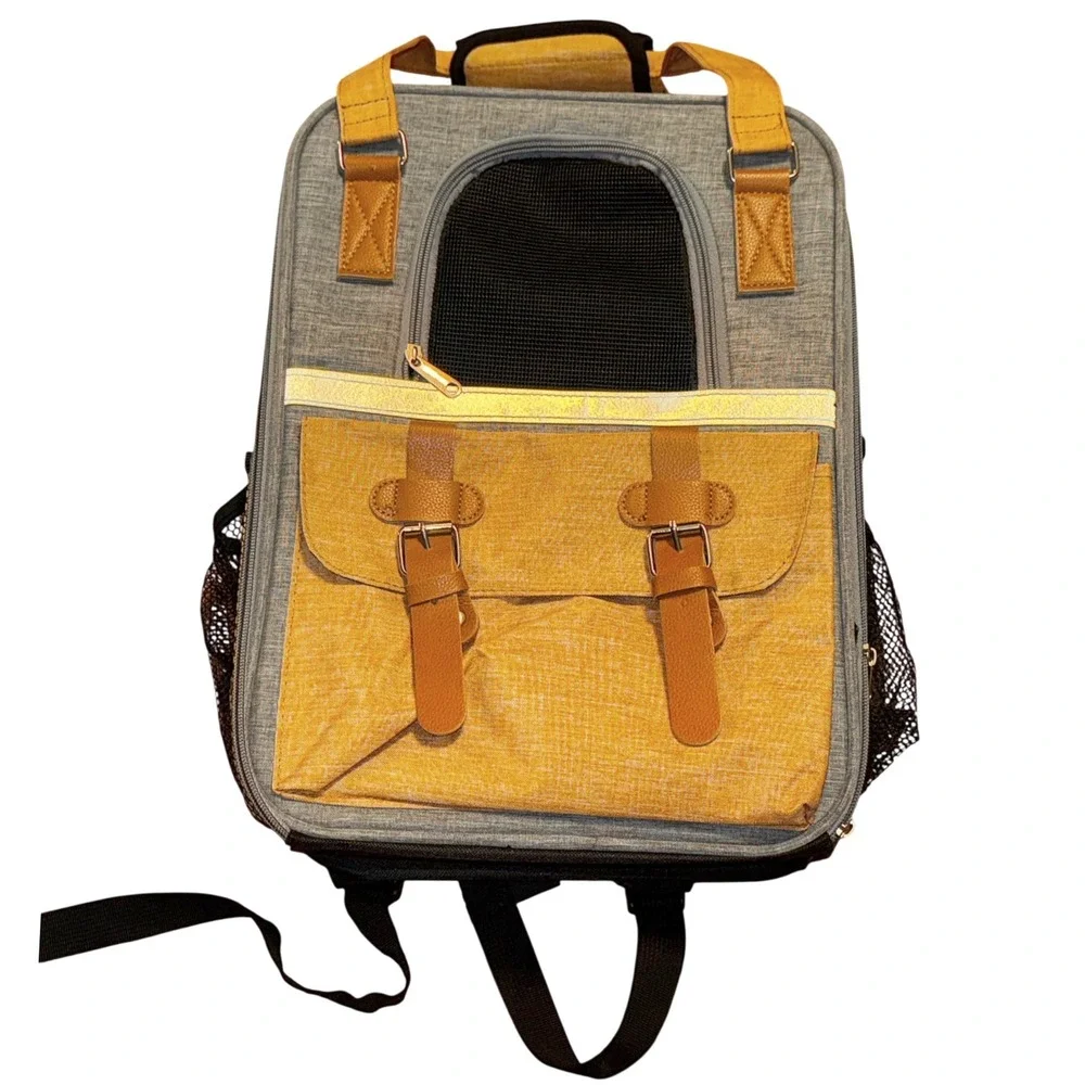 Pet Carrier Backpack Small Dog Cat Travel Bag Grey Tan Canvas Pockets Reflective